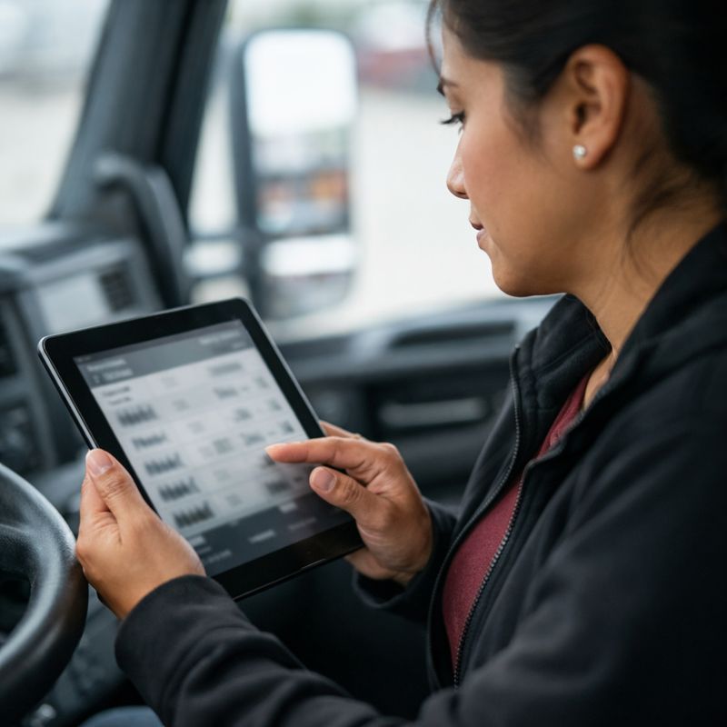 Truck driver reviewing load rate data on a tablet to compare real rates versus broker asking prices