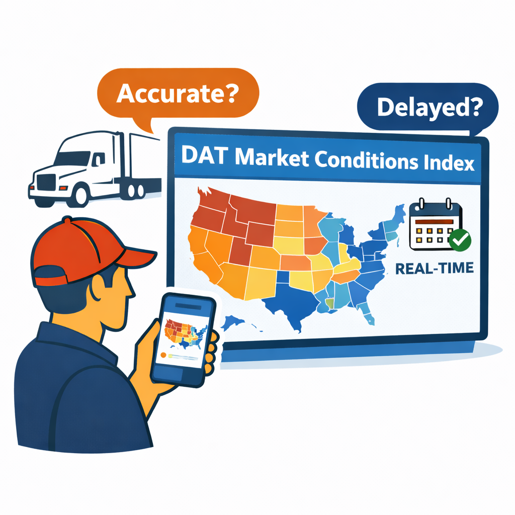 Trucker reviewing the DAT Market Conditions Index heat map to judge lane strength and timing