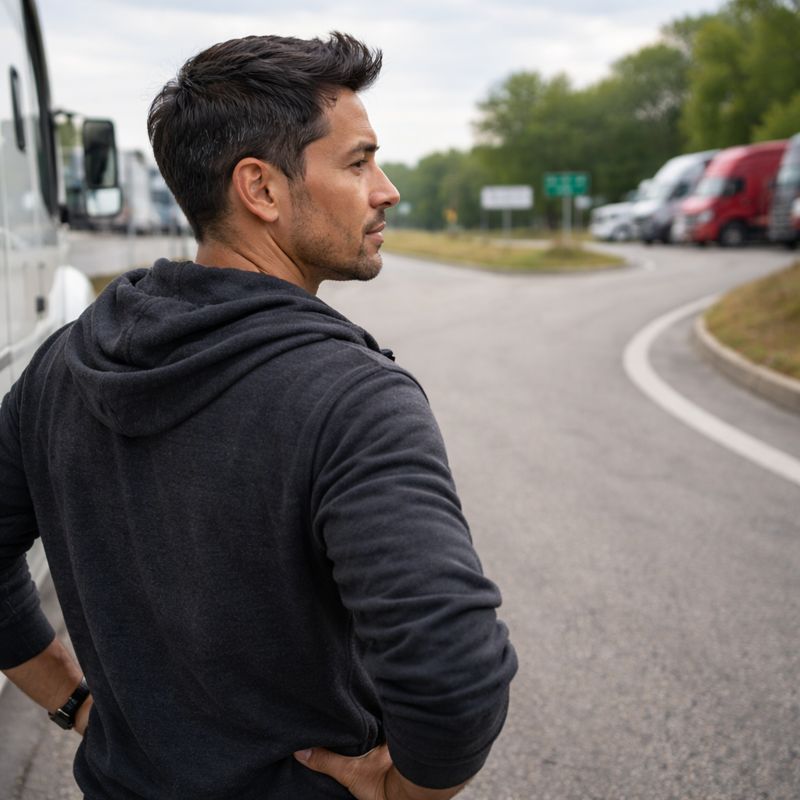 Owner-operator truck driver standing beside truck deciding between paid and free load boards