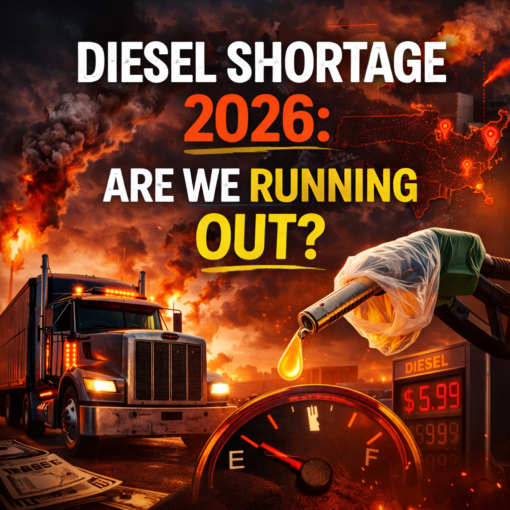 Semi truck at truck stop with bagged diesel nozzle and fuel gauge near empty highlighting diesel shortage concerns in 2026