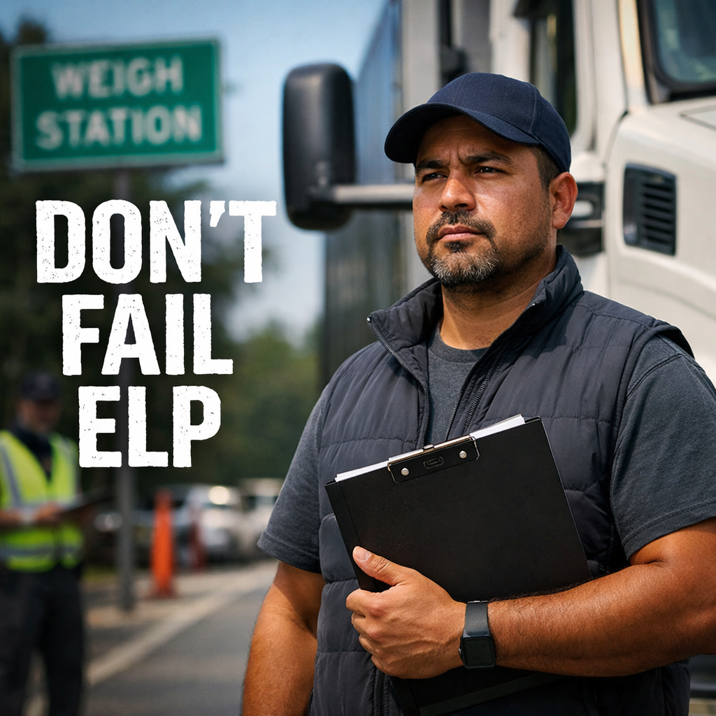 Truck driver at a weigh station during an inspection with text “DON’T FAIL ELP” about English proficiency and OOS risk.
