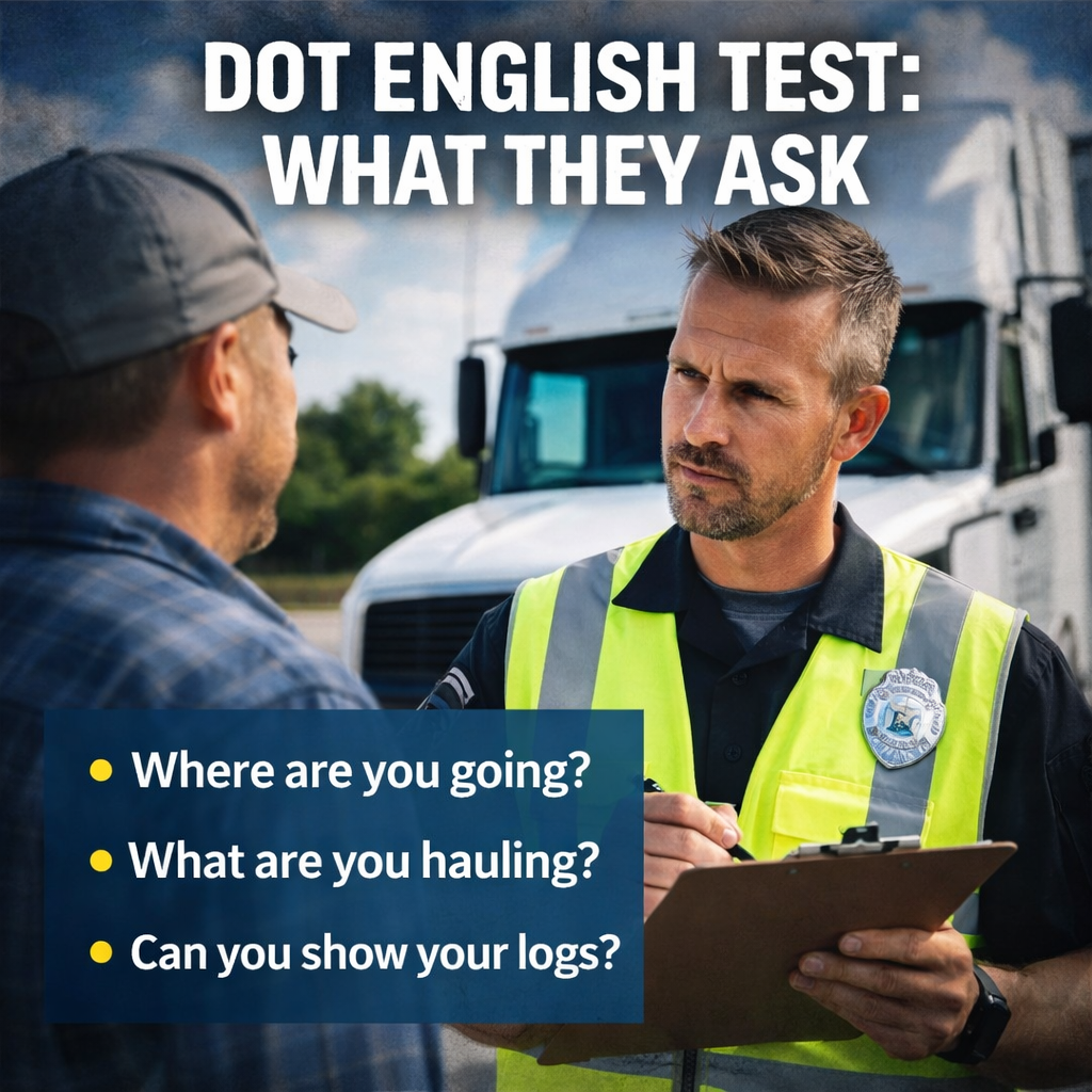 Truck driver speaking with a DOT inspector during a roadside stop with bold text “WHAT THEY ASK” about the DOT English test.
