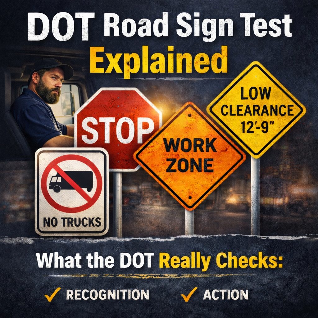 Square graphic with bold text “DOT Sign Test” showing key road signs and a truck driver, explaining DOT sign recognition for English proficiency checks.