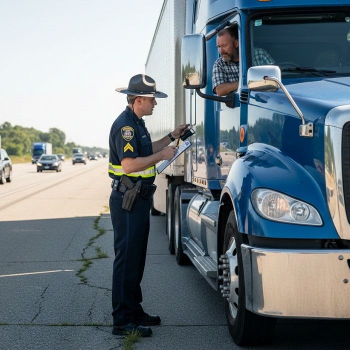 DOT officer conducting a roadside inspection and testing a commercial truck driver during a highway stop