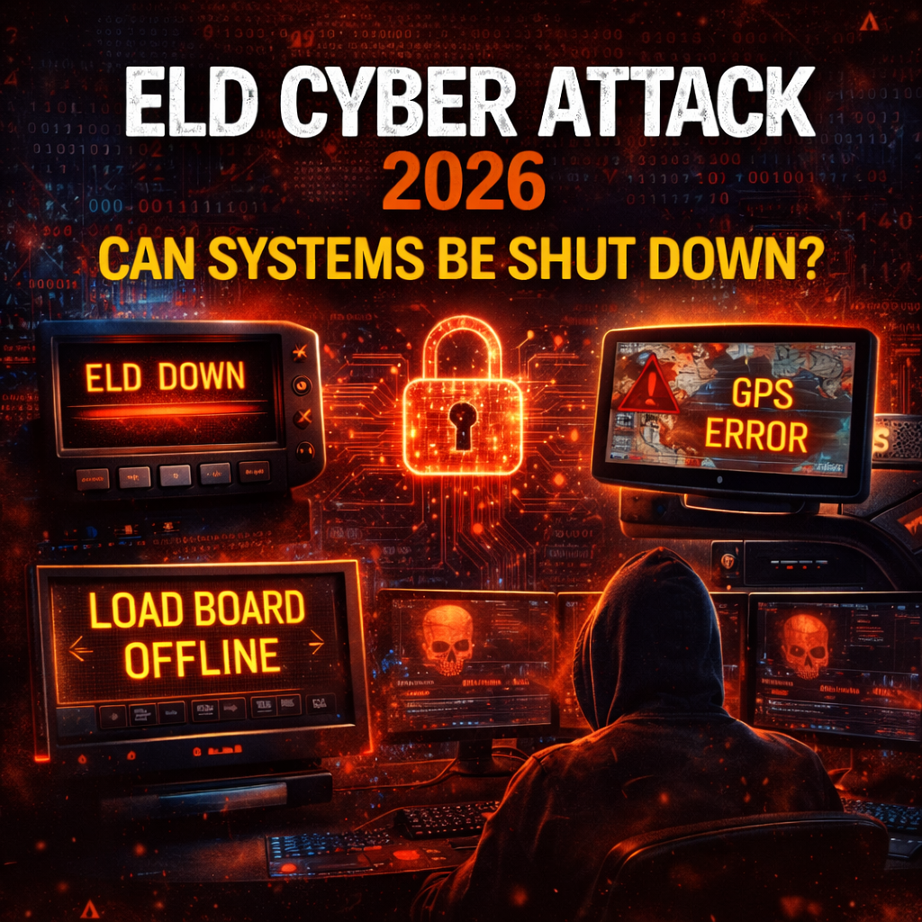 Truck ELD and GPS screens showing error messages during simulated cyber attack scenario in 2026