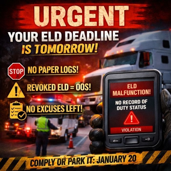 Urgent ELD deadline warning showing revoked ELD, no paper logs allowed, and out-of-service risk after January 20