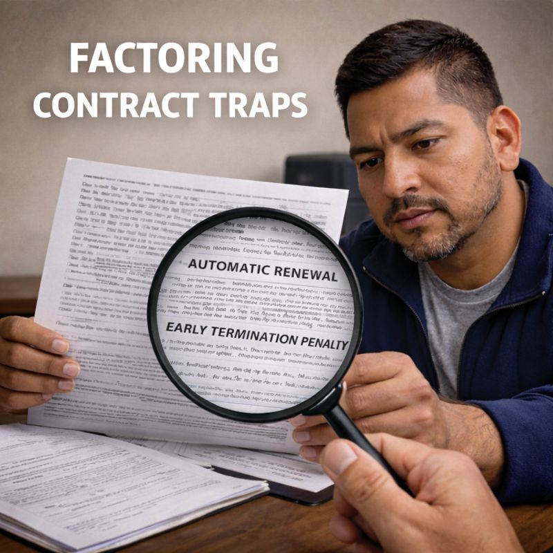 Owner-operator reviewing a factoring contract to identify automatic renewal and early termination penalties