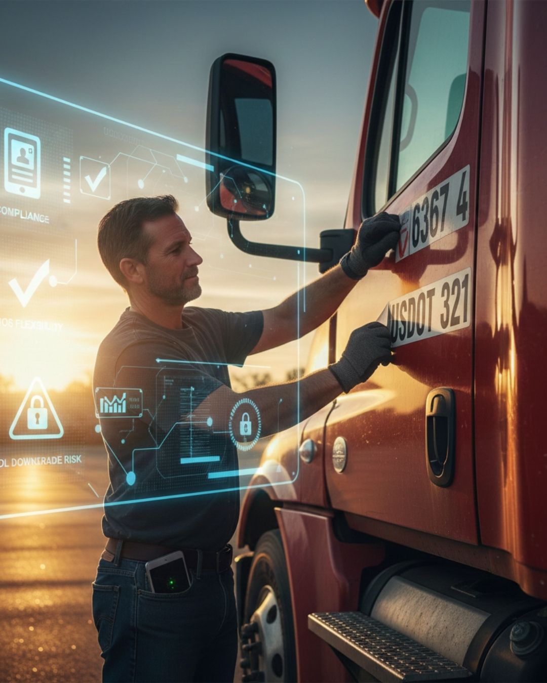 A truck driver updating his vehicle decals with a USDOT number, with a digital overlay showing 2026 FMCSA compliance checklists and safety alerts.