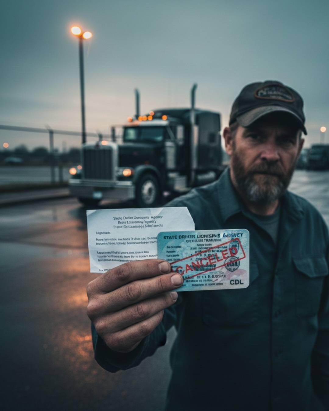 A frustrated truck driver holding a canceled CDL license in front of a semi-truck, illustrating a Clearinghouse II violation downgrade.