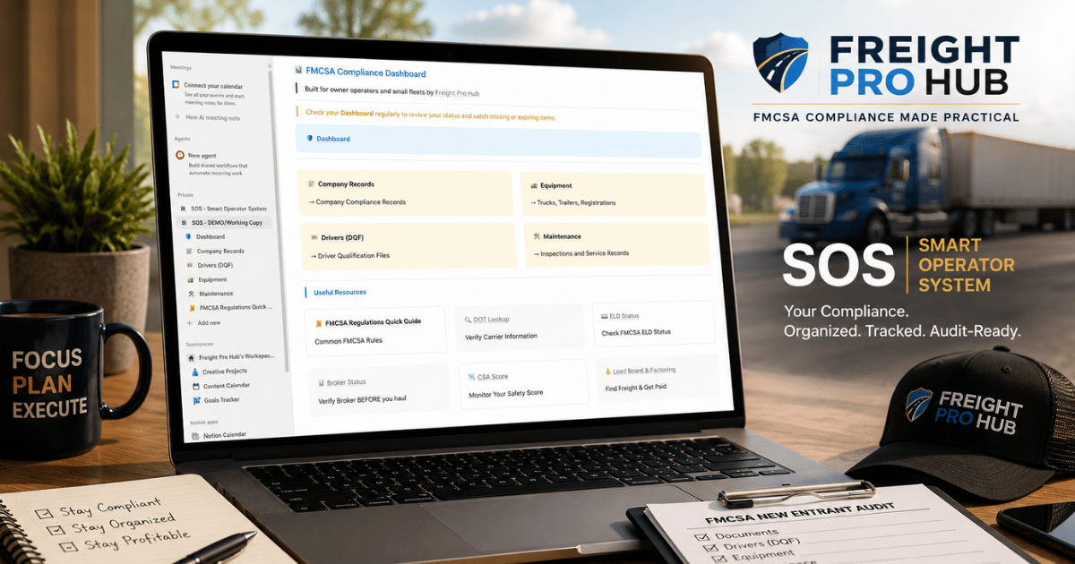SOS Smart Operator System compliance dashboard displayed on a laptop with trucking company records and status tracking.