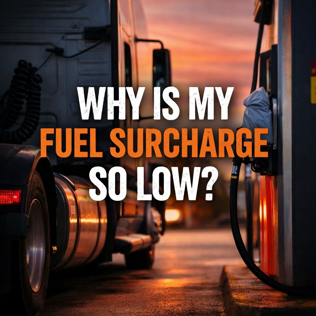 Semi truck fueling at sunset with text asking why the fuel surcharge is so low