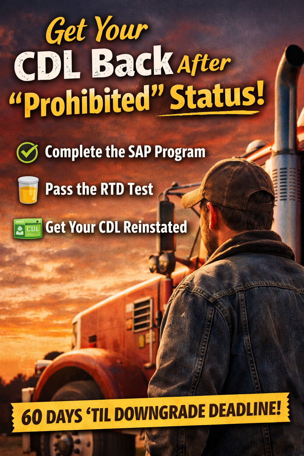 Truck driver standing beside semi truck at sunset with text about getting CDL back after prohibited status and completing SAP return-to-duty process