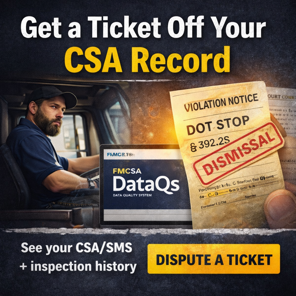 Square graphic with bold text “Dispute CSA Violation” showing a truck driver reviewing inspection paperwork and CSA records.