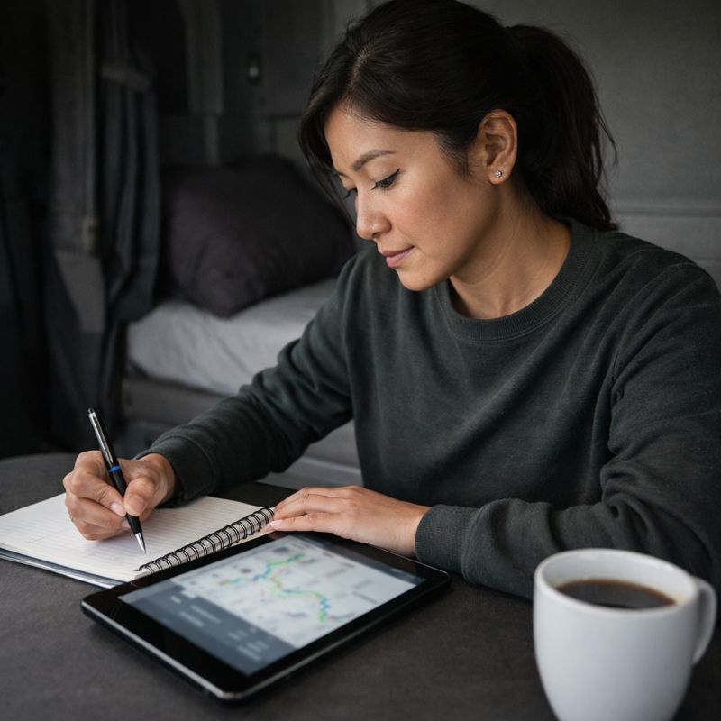 Owner-operator truck driver planning freight lanes using tablet and notebook inside truck sleeper