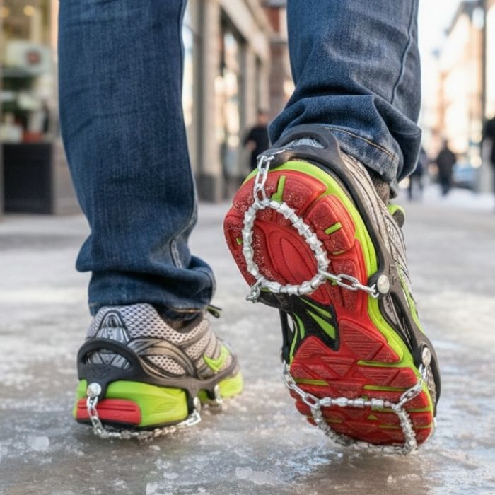 Person walking safely on icy city sidewalk wearing Yaktrax Diamond Grip traction cleats on their boots
