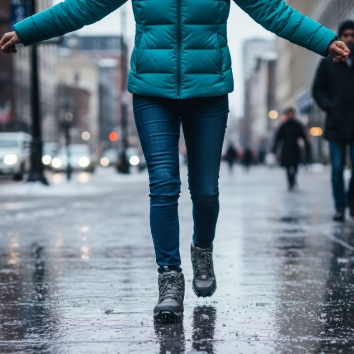 Person demonstrating the penguin walk on a slippery sidewalk with traction cleats for safety