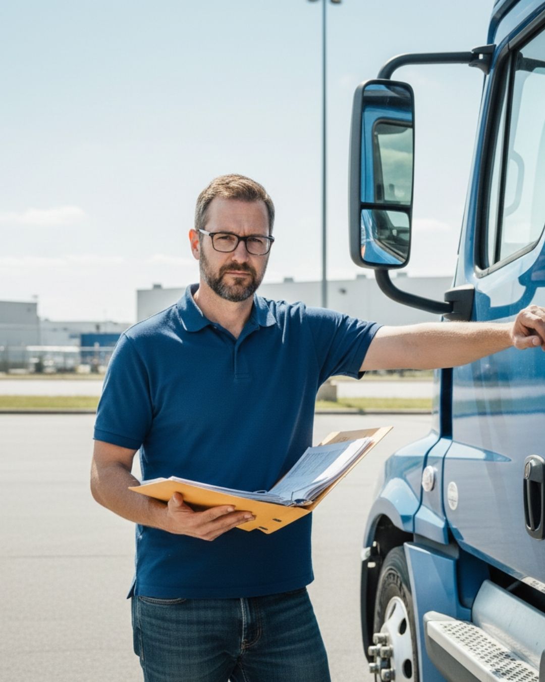 Independent truck driver holding DOT compliance documents beside a semi truck