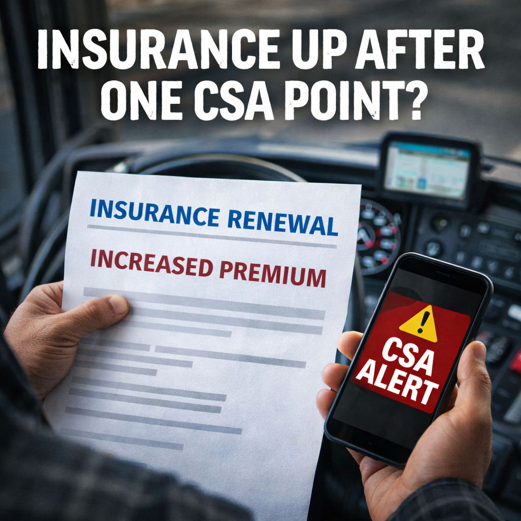 Truck driver reviewing safety score report with bold text “INSURANCE UP?” about CSA points and SMS impact.