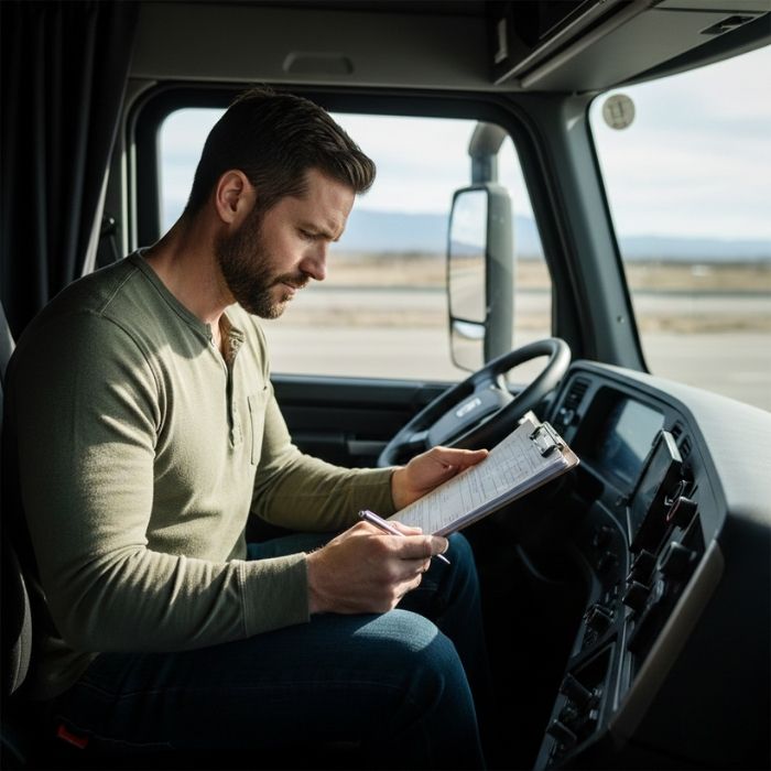 Truck driver verifying broker authority and BMC-85 trust before hauling a load