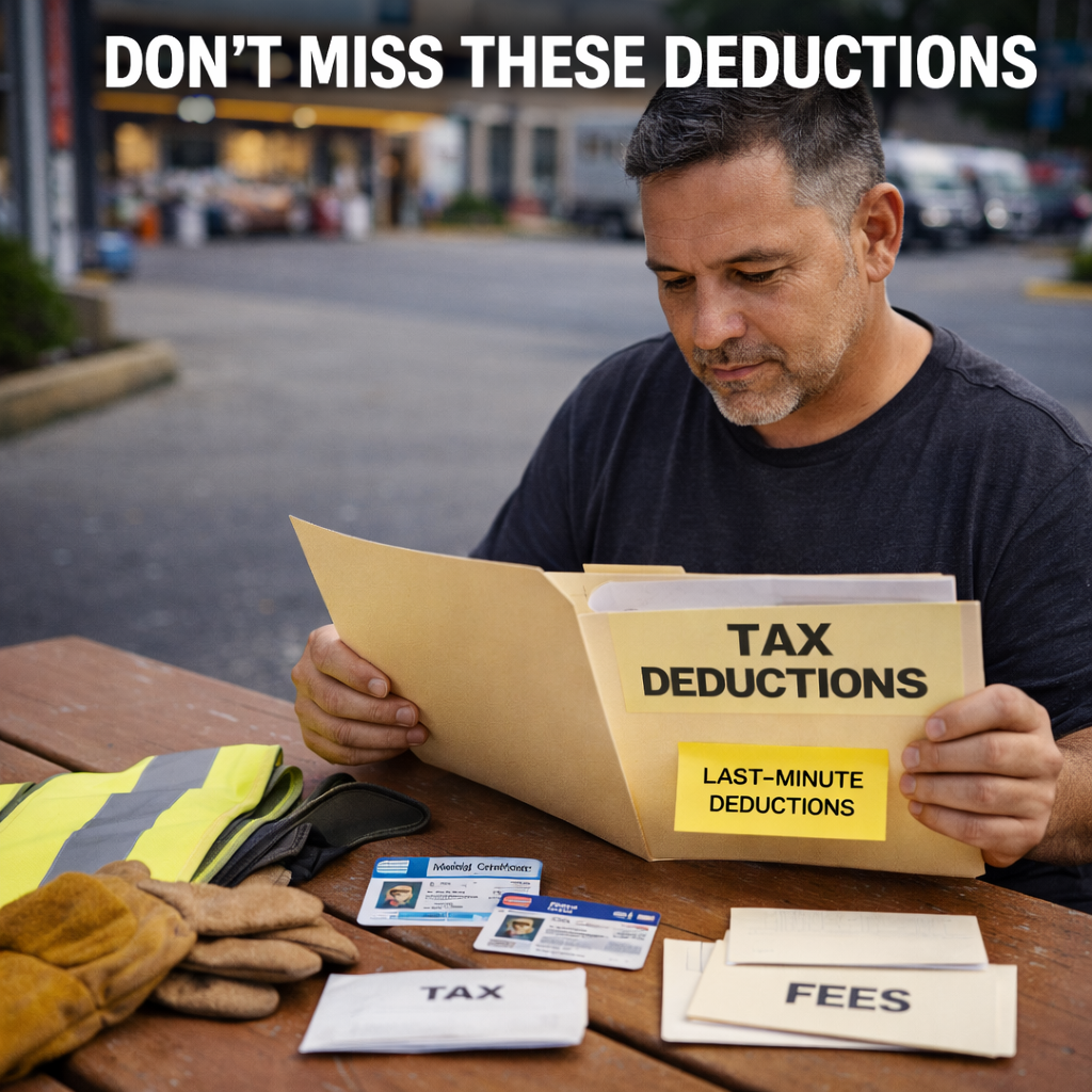 Truck driver reviewing last-minute tax deductions including CDL, DOT medical card, and safety gear at a truck stop