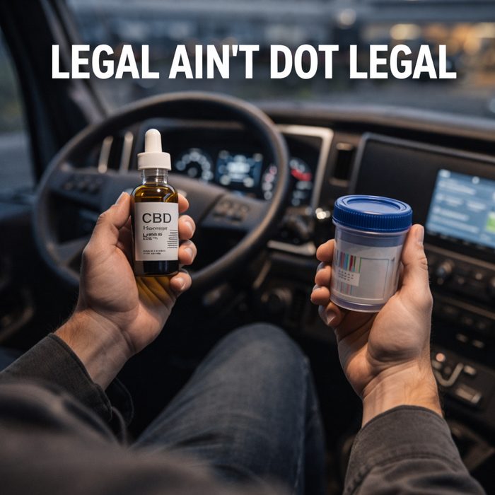 Truck driver in a semi cab holding a CBD-style product and a DOT drug test cup, representing the risk of THC positives for CDL drivers.