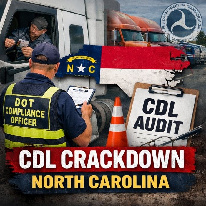 North Carolina DOT compliance officer inspecting a truck driver’s CDL during a federal audit crackdown on non-domiciled commercial licenses