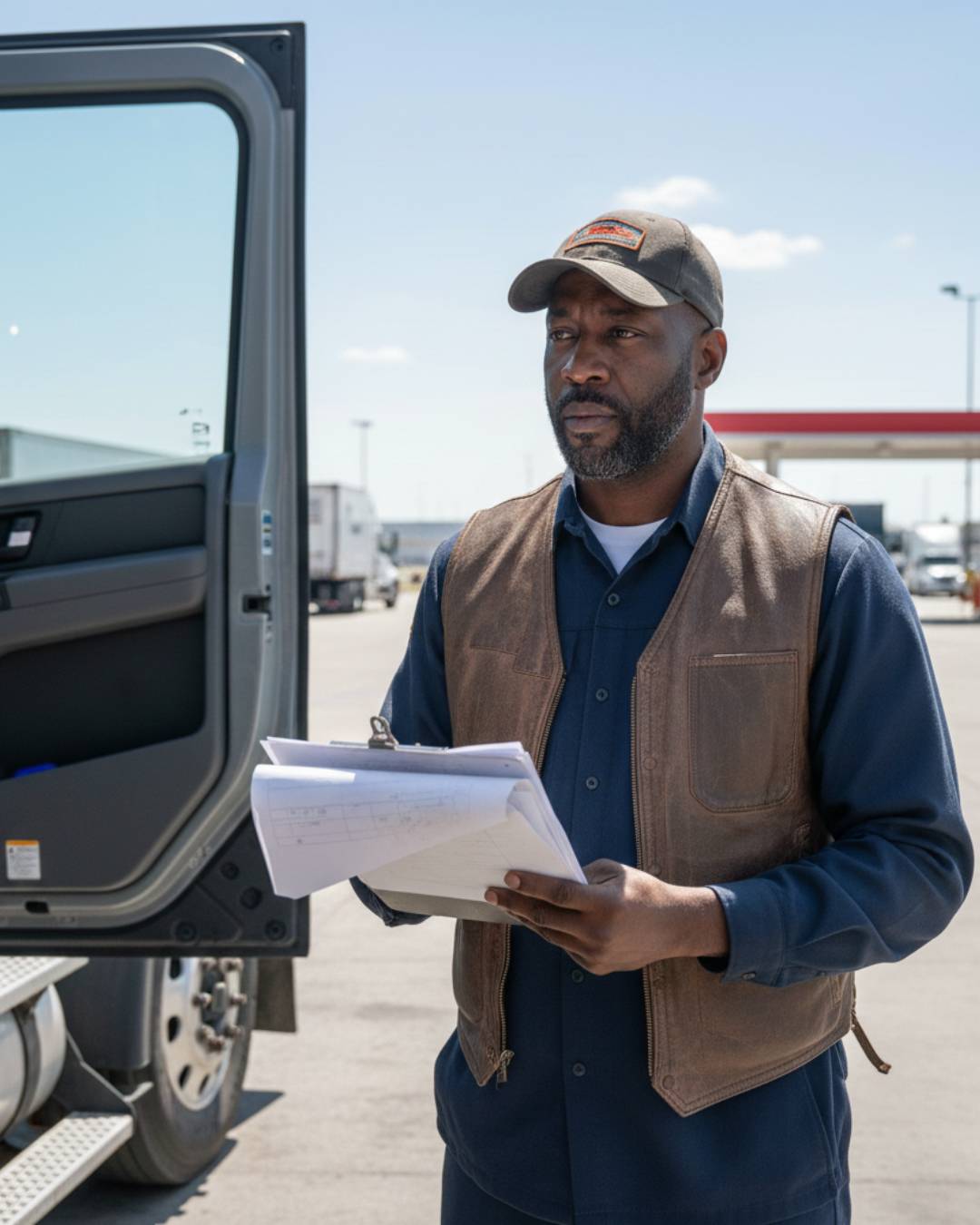 Owner-operator truck driver holding paperwork preparing for a DOT audit