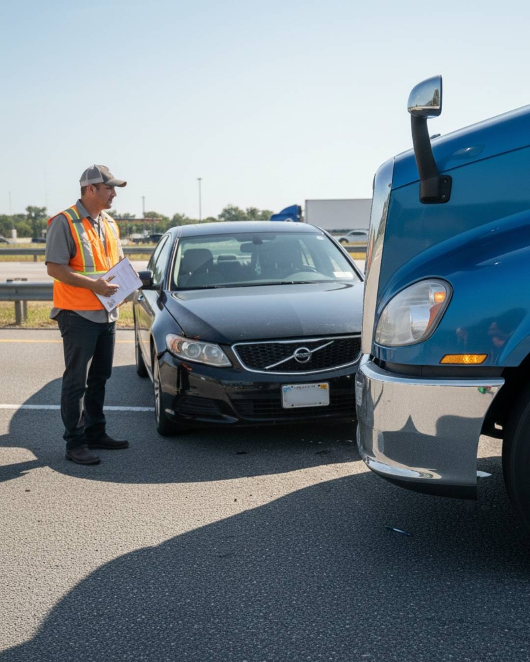 Owner-operator standing beside semi truck after an accident with emergency lights on