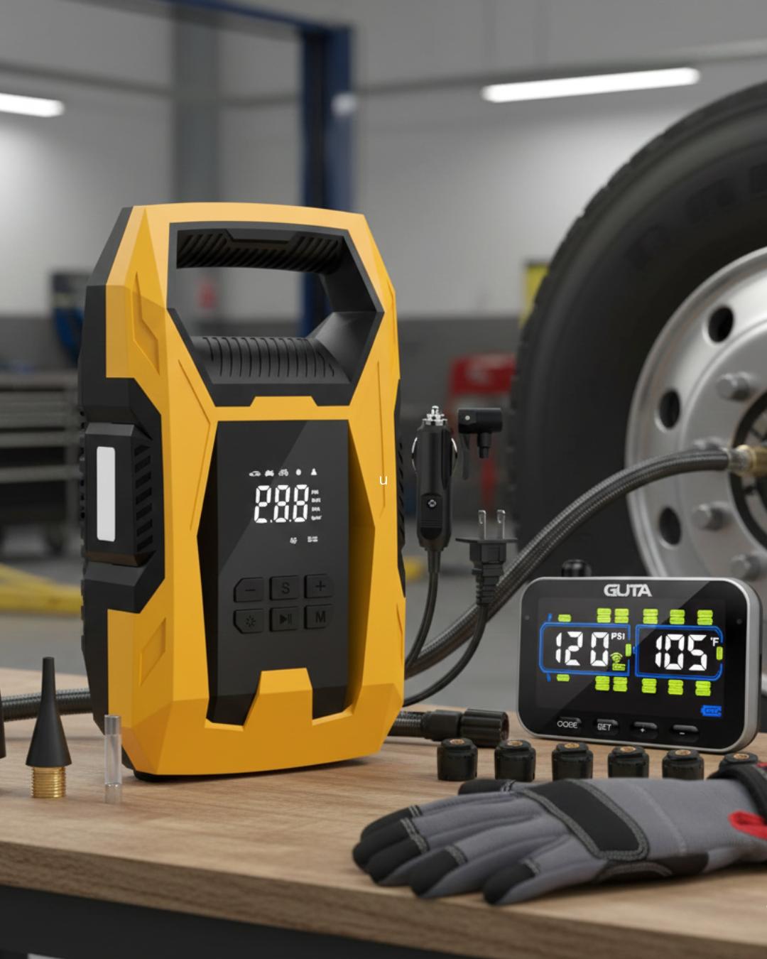 Portable air compressor and TPMS monitoring system designed for truck tire maintenance and roadside safety.