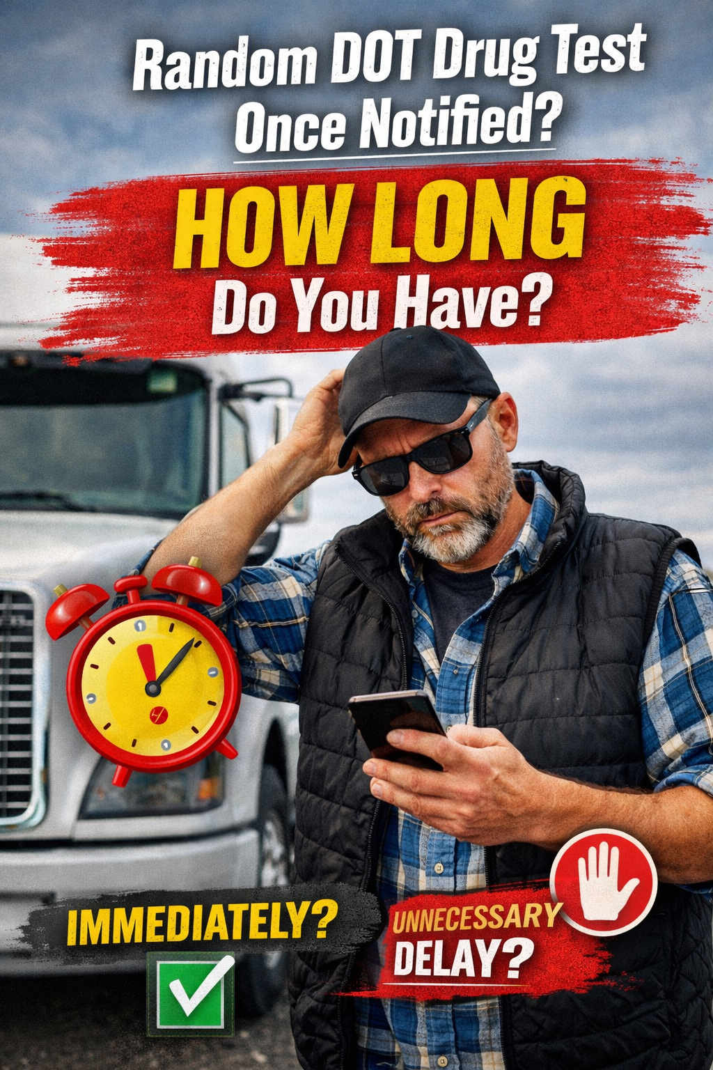 Truck driver checking phone beside semi truck about how long you have after random DOT drug test notification
