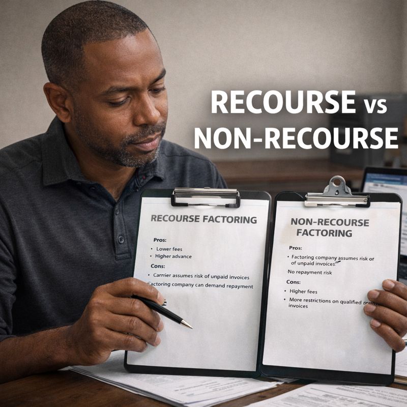 Owner-operator comparing recourse versus non-recourse factoring to understand invoice risk in trucking