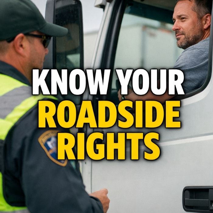 DOT officer conducting roadside inspection with truck driver inside cab
