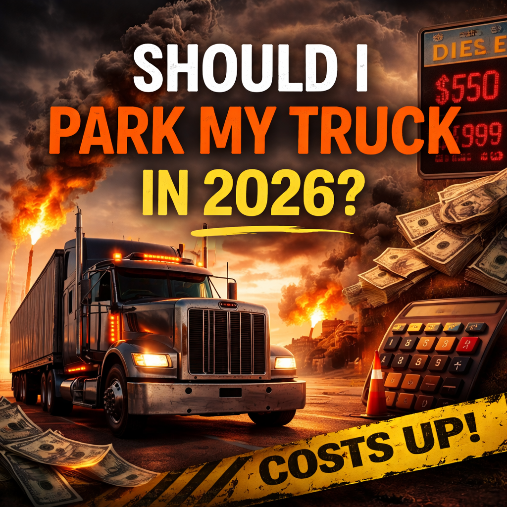 Semi truck parked near diesel price sign asking if owner-operators should park due to high fuel costs in 2026