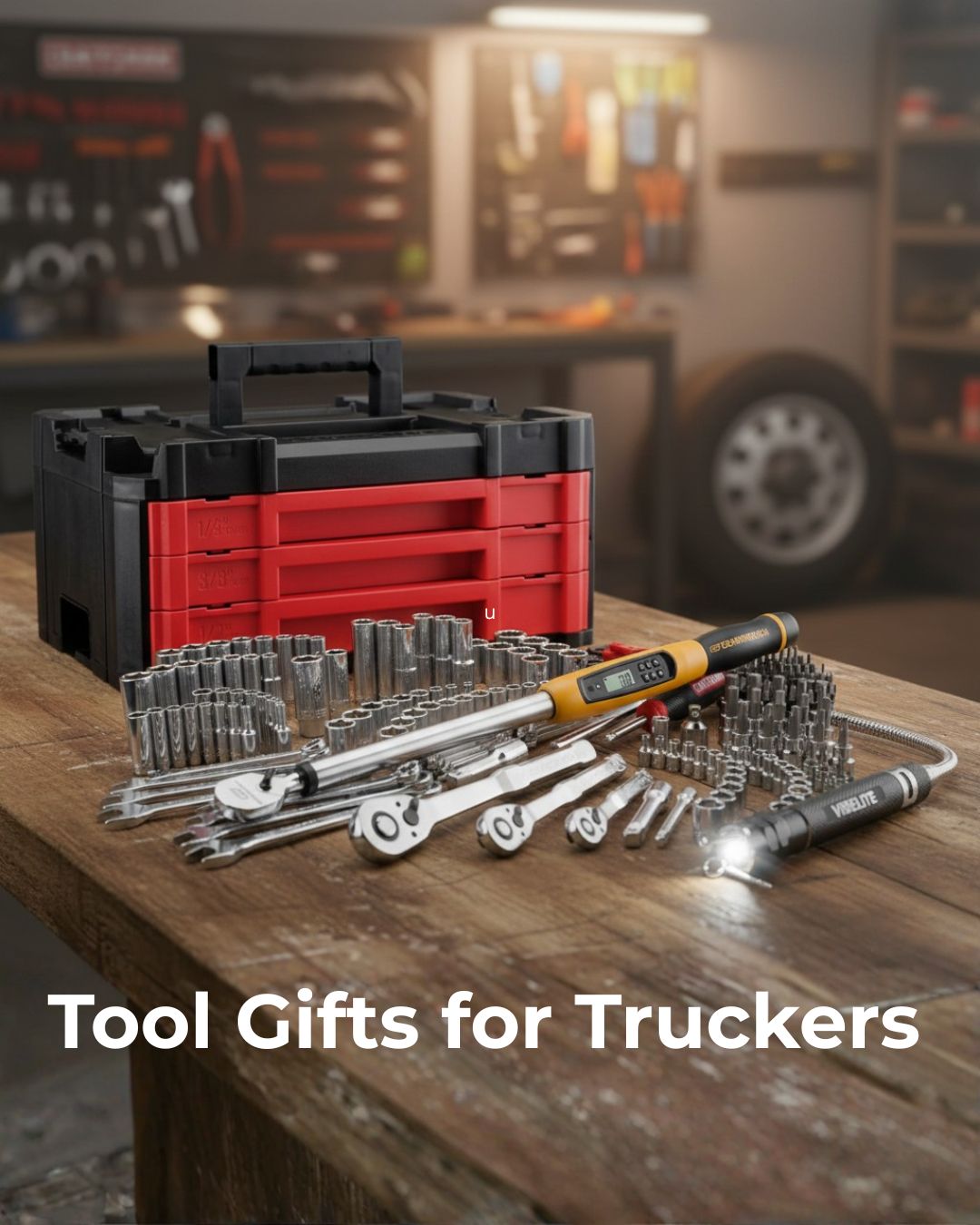 Professional mechanic tool set with sockets, wrenches, digital torque wrench, and LED work light arranged on a workbench.
