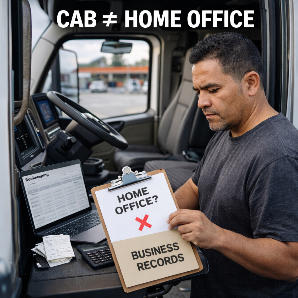 Hispanic owner-operator reviewing home office paperwork beside a semi truck cab at a truck stop