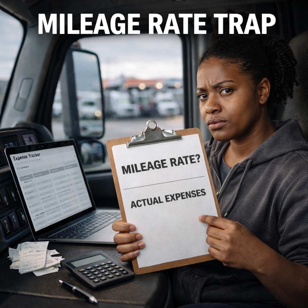 Female truck driver comparing mileage rate versus actual expenses inside a semi truck cab