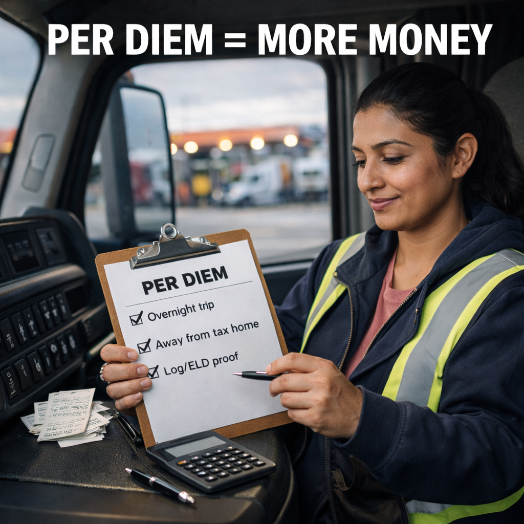 Truck driver reviewing per diem checklist inside a semi truck cab for 2026 tax planning