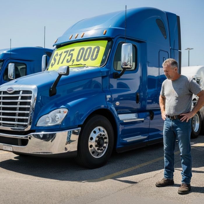 Truck driver looking at a new semi truck with increased price due to tariffs and higher equipment costs