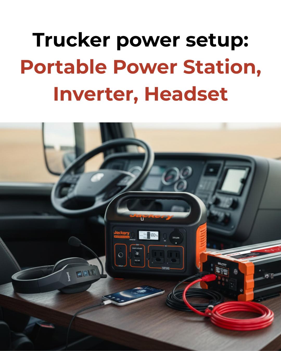 Portable power station, inverter, smartphone, and Bluetooth headset arranged inside a semi-truck cab.