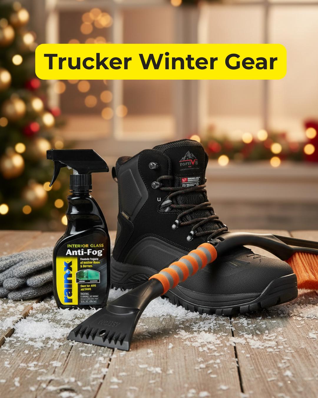 Winter trucker gear including cold-weather boots, ice scraper, snow brush, anti-fog spray, and gloves on a snowy table.