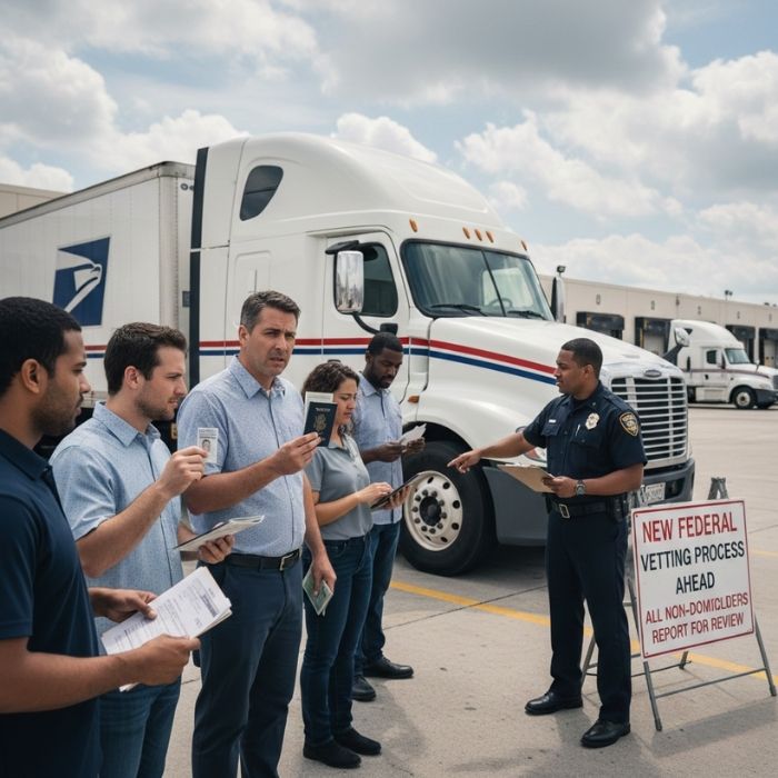 A group of diverse truck drivers in modern casual clothing holding identification papers next to a USPS-branded semi-truck while a compliance officer points to a federal vetting sign.