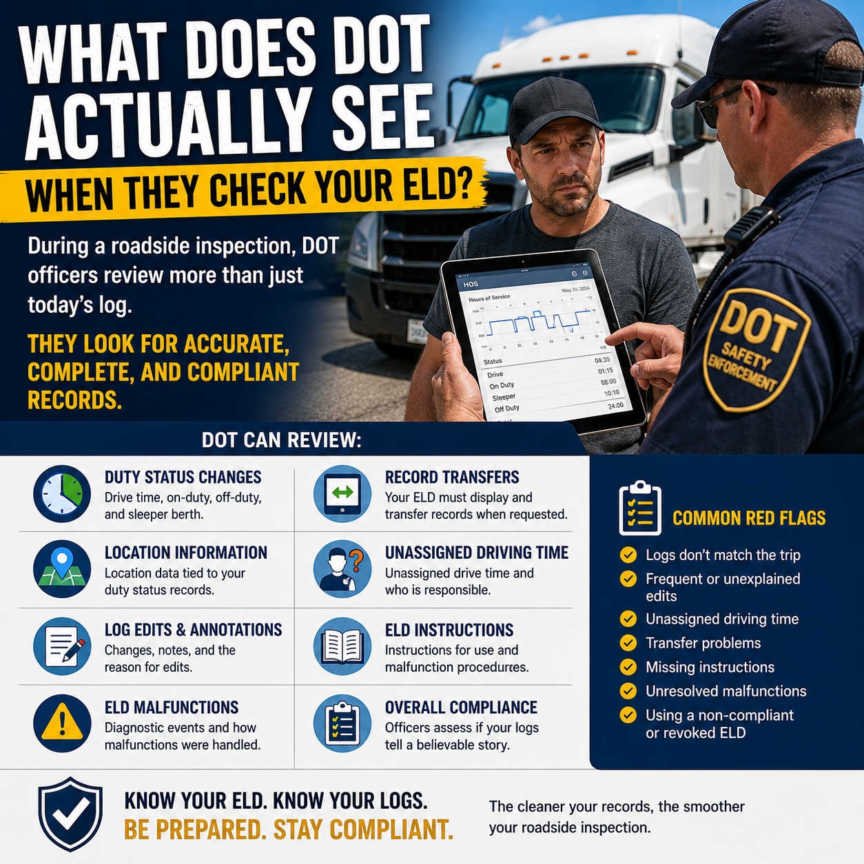 ELD roadside inspection showing what DOT officers review during an electronic logging device inspection.
