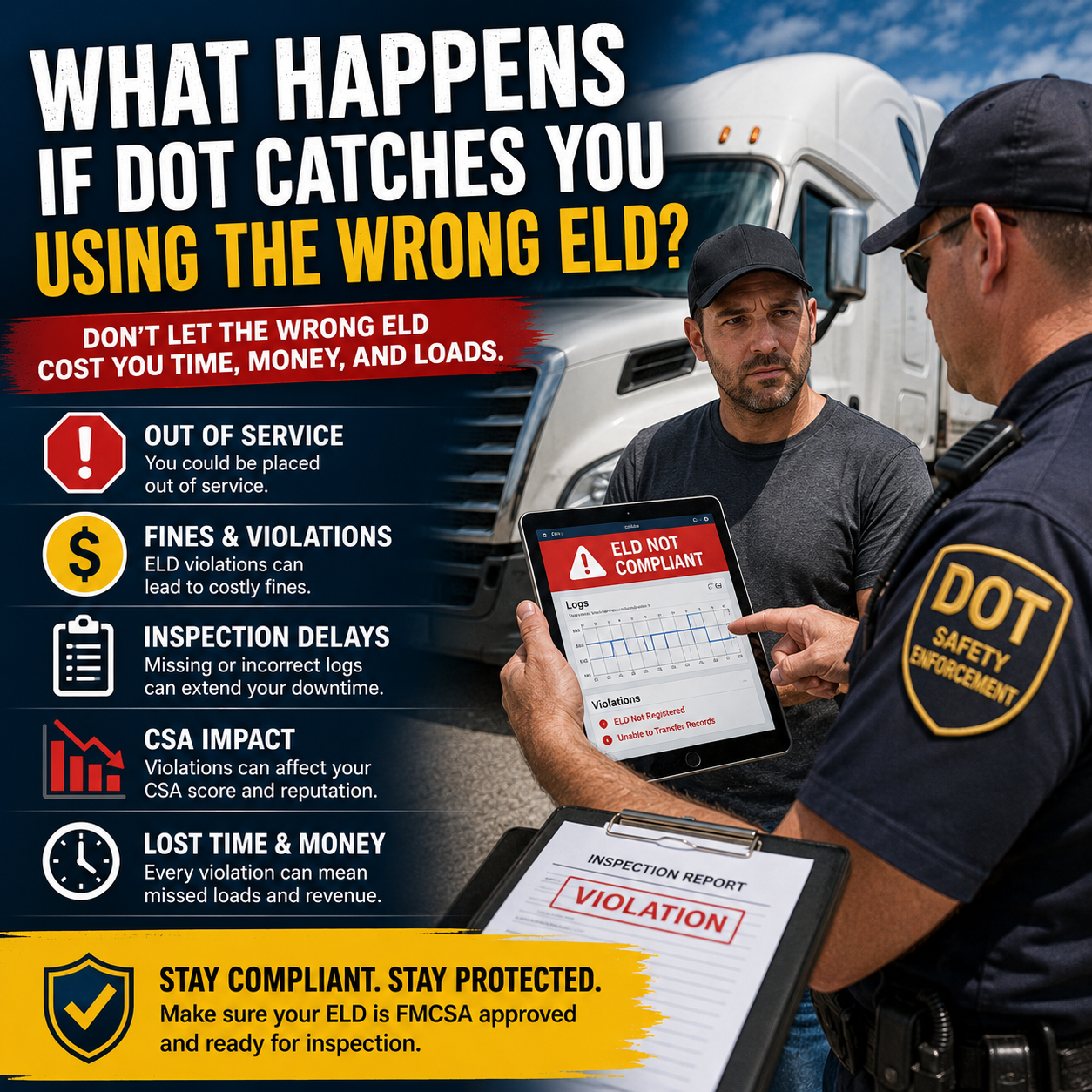DOT roadside inspection involving a truck driver using a non-compliant or revoked electronic logging device.