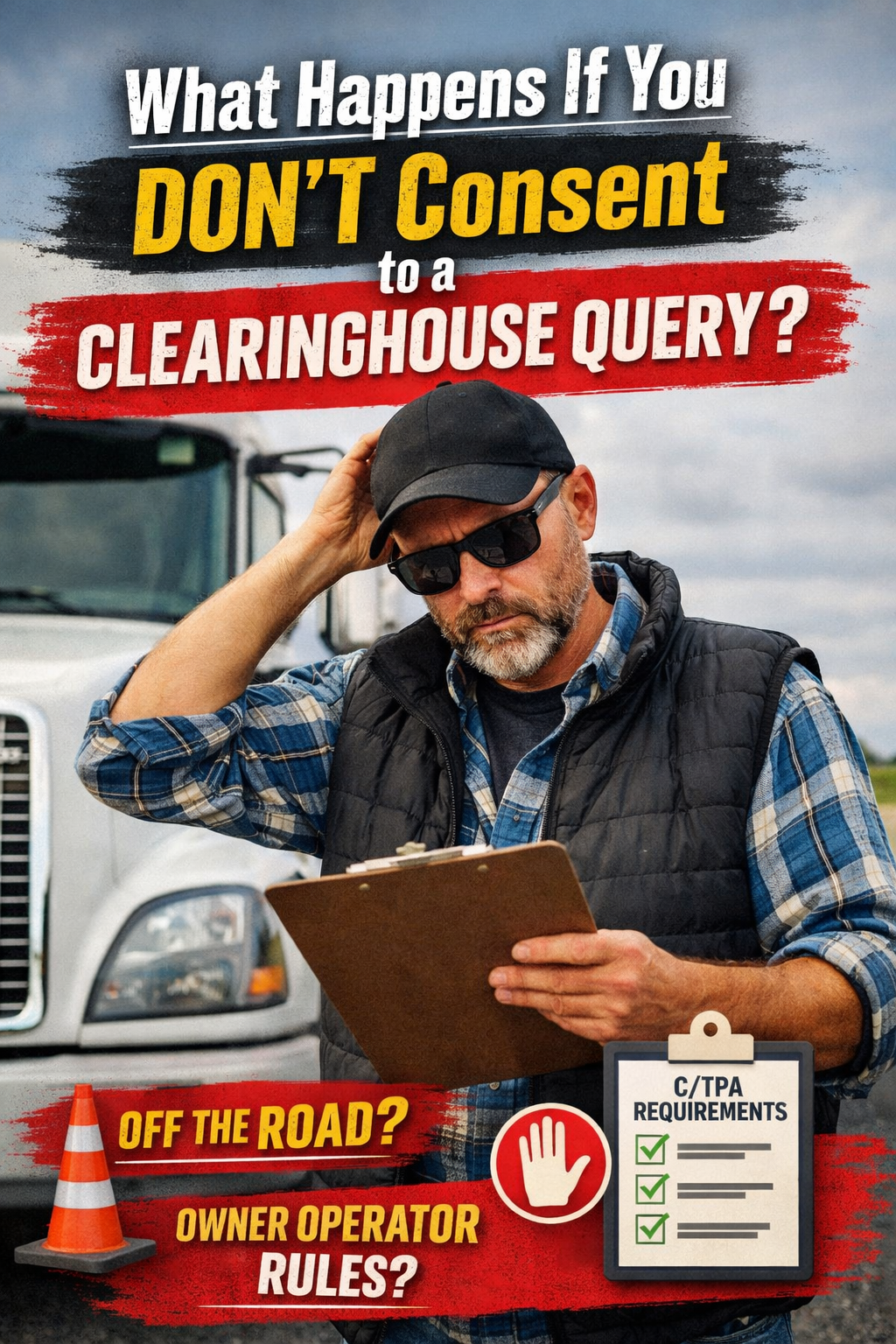 Truck driver reviewing paperwork beside a semi truck about refusing FMCSA Clearinghouse query consent