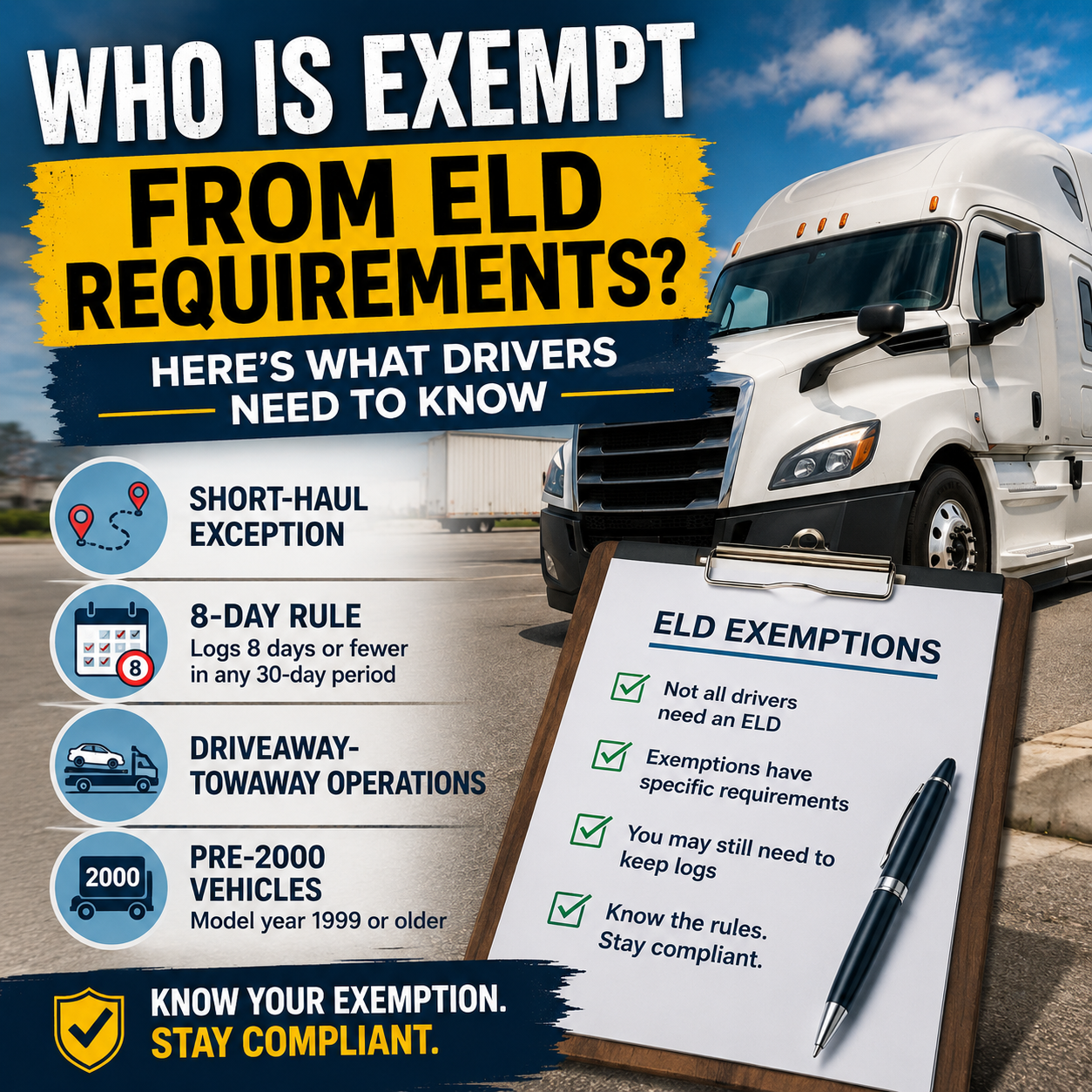 Owner-operator reviewing ELD exemption requirements including short-haul, pre-2000 trucks, and occasional log users.