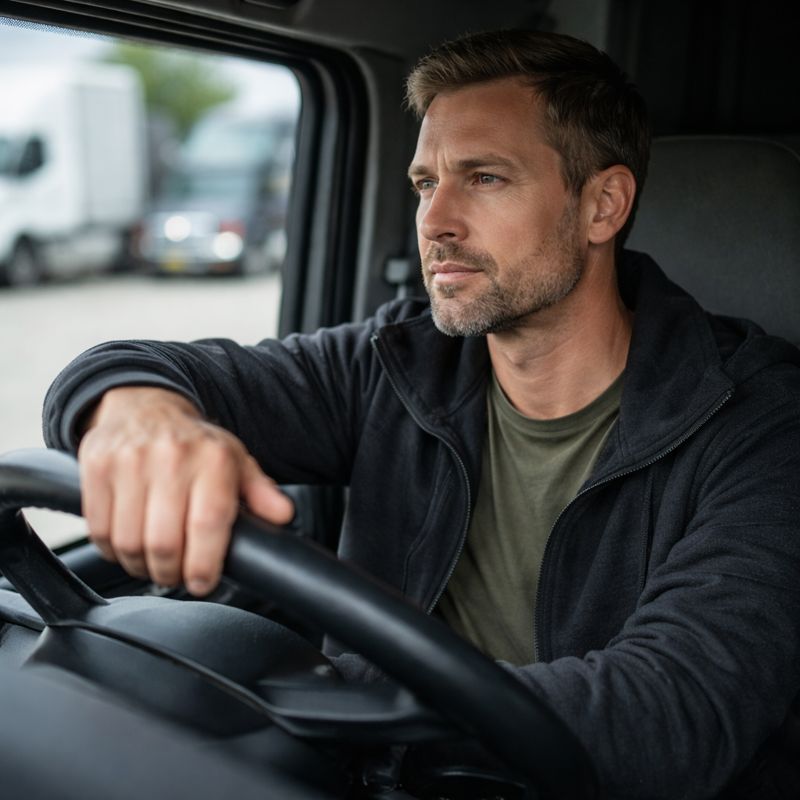 Owner-operator truck driver sitting in cab looking frustrated after poor load board decisions