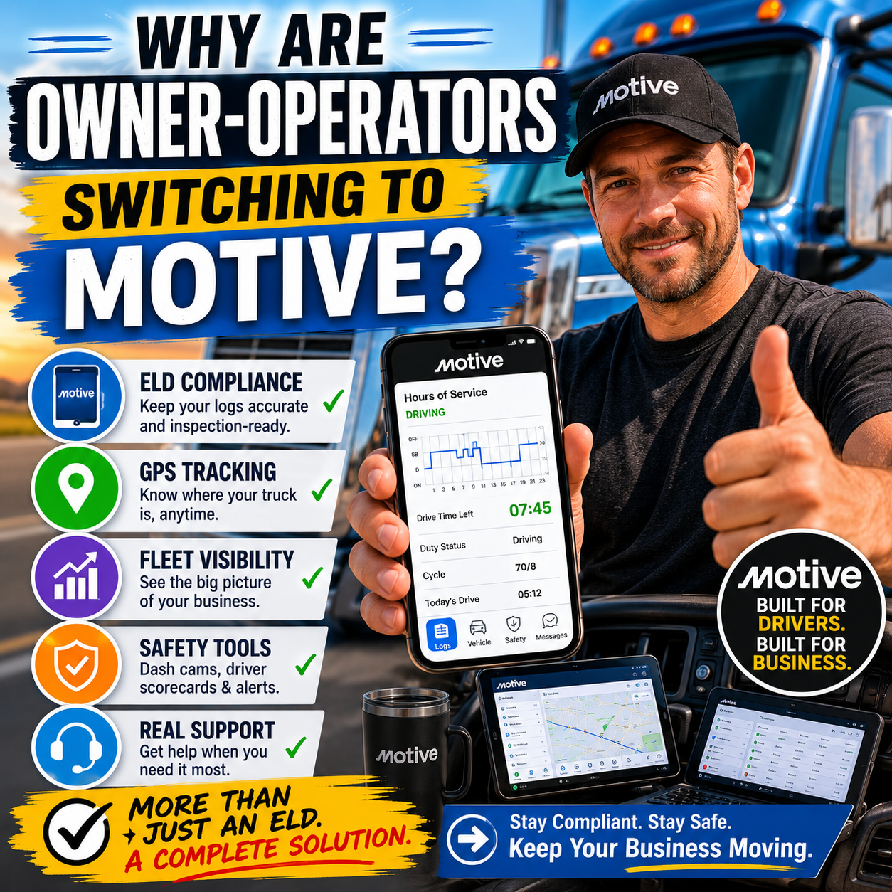 Owner-operator using Motive ELD system for compliance, GPS tracking, and fleet management.