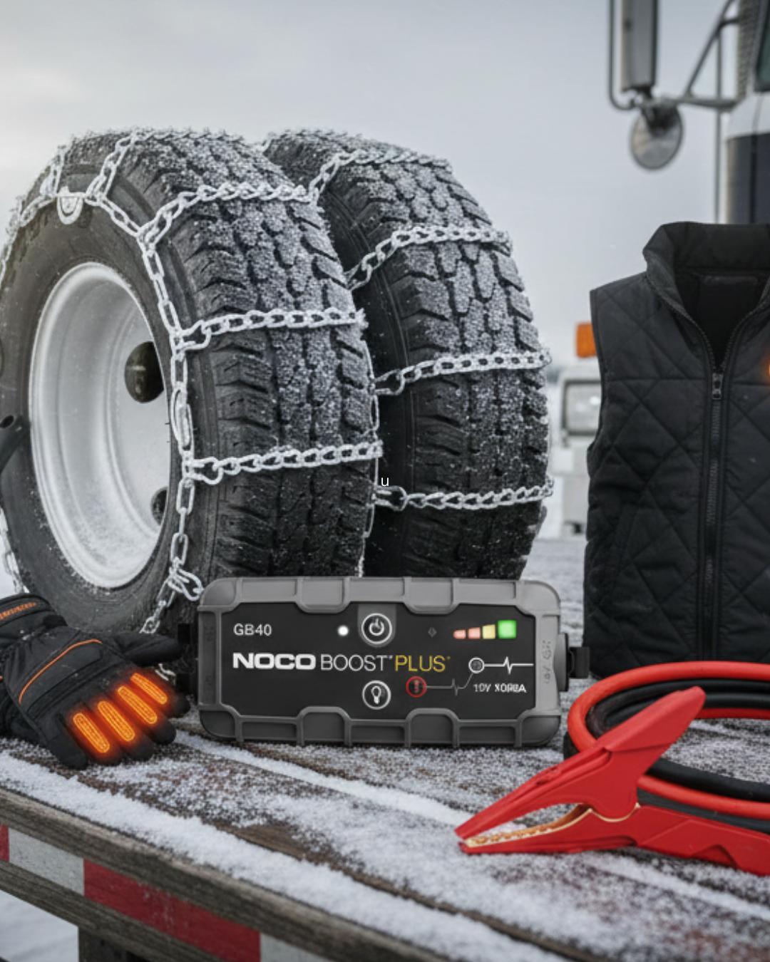 Truck winter emergency gear including tire chains, a NOCO jump starter, heated gloves, and insulated vest on a snowy trailer deck.