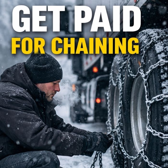 Truck driver chaining up tires in winter conditions to earn extra chain pay