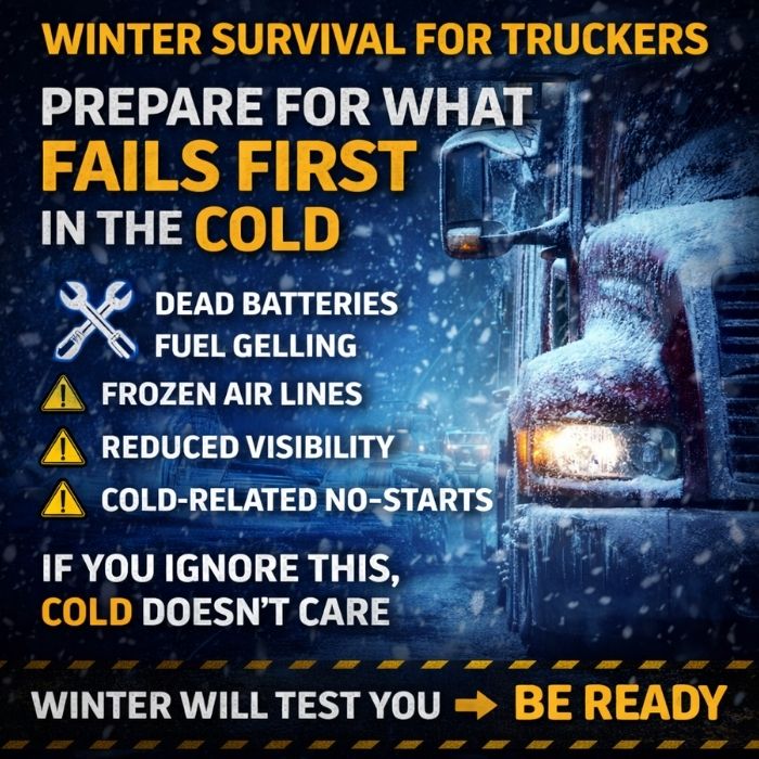 Winter survival warning for truckers showing common cold weather failures like dead batteries and fuel gelling